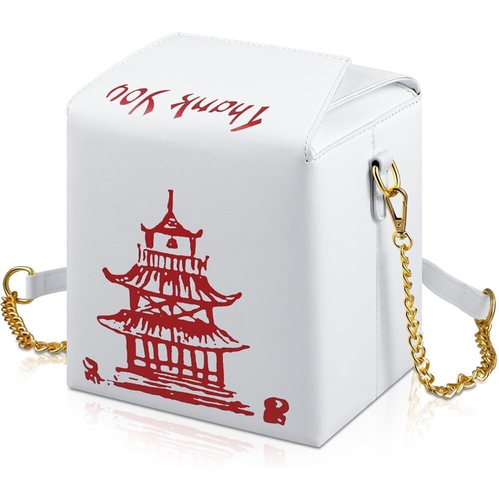 Women Chinese Takeout Box Tote PU Leather Crossbody Bag with 2 Straps